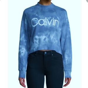 Calvin Klein Tie Dye Crop Crew Logo Sweatshirt, Color Sky Blue, Size Medium.